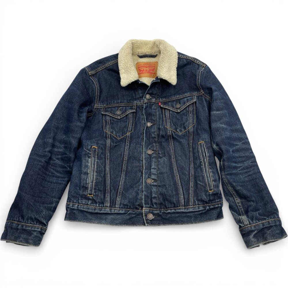 Levi's Indigo Blue Cotton Denim Jean Sherpa Trucker Fleece Lined Jacket Men's S